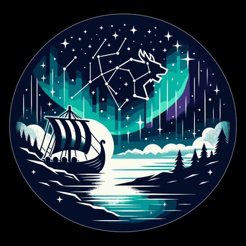 Sailing ship under starry sky and northern lights