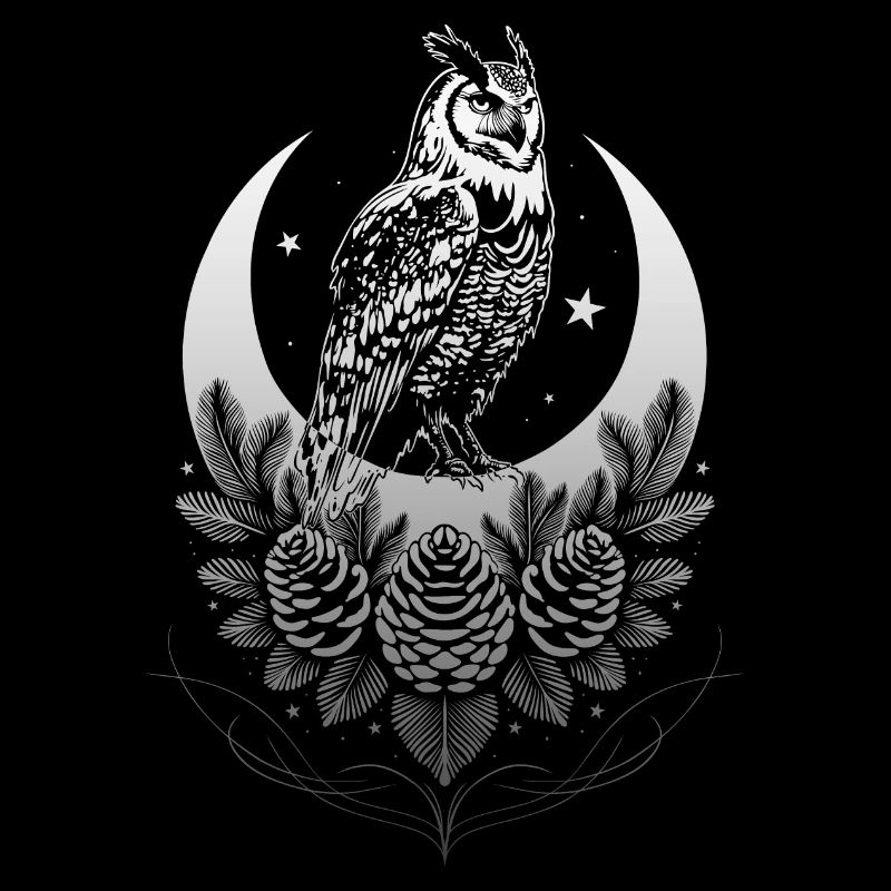 Owl with crescent moon, fir tree and cone