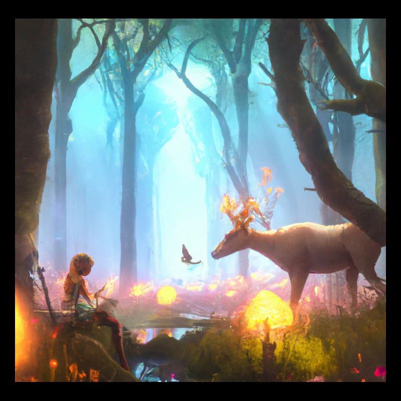 Fille dans une forêt magique entourée d’animaux