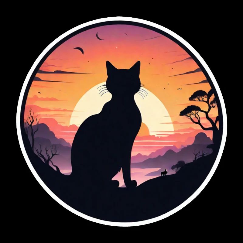 chat, paysage et coucher de soleil