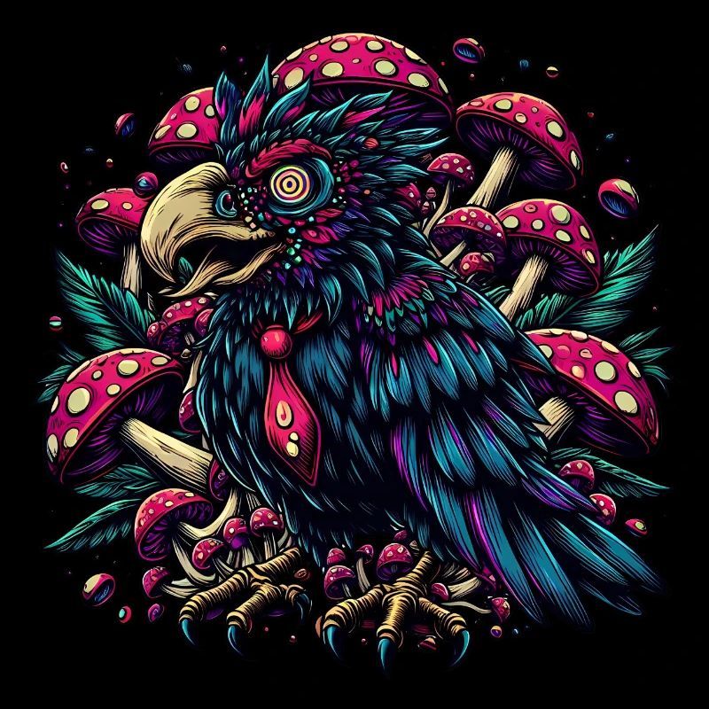 Psychedelic Raven with Mushrooms