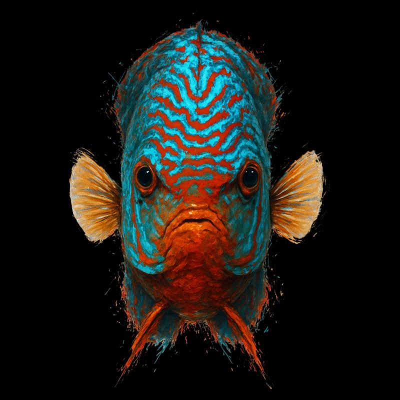 Blauer und oranger Diskusfisch mit intensiven Augen