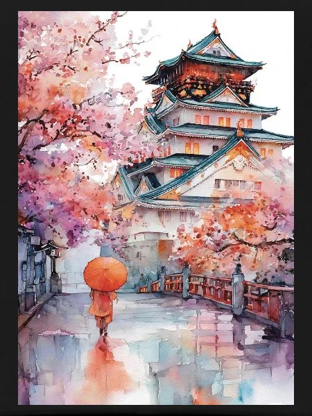 Japanese pagoda and cherry blossoms