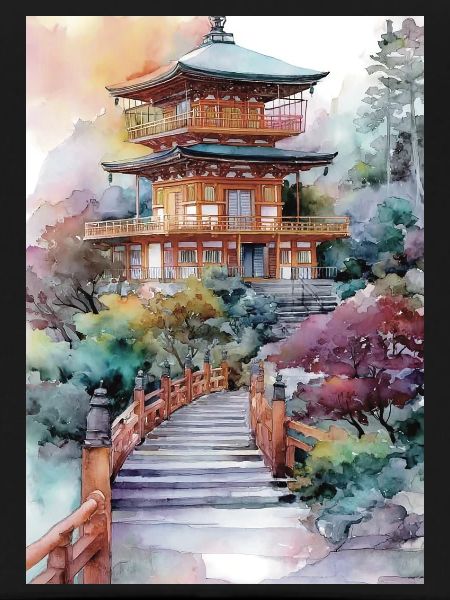 Pagode im Garten in Aquarell
