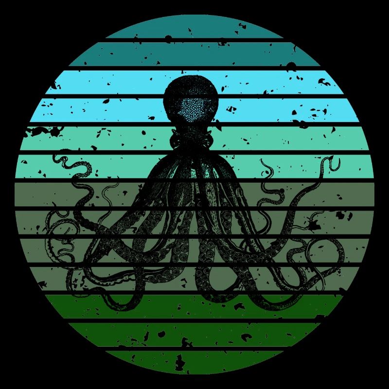 Vert Bleu Octopus Retro Artwork Sunrise