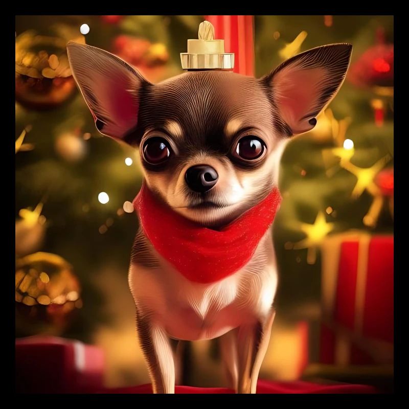 Chihuahua mit Weihnachtskrone und Geschenken
