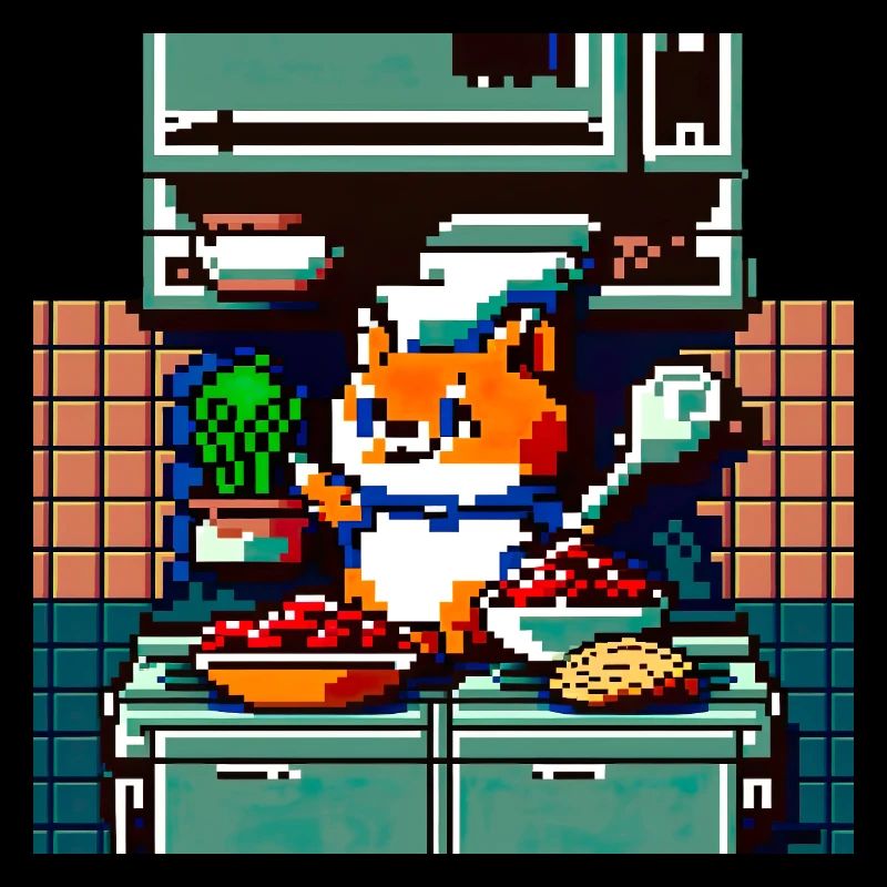 cooking cat in 8 bit as a chef in the kitchen