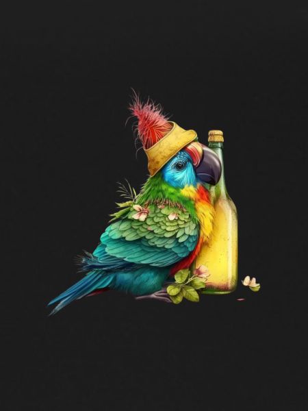 Parrot cuddles with beer