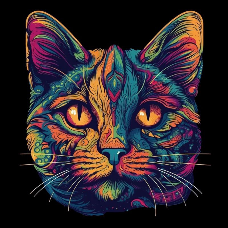 Psychedelic cat face with colorful patterns
