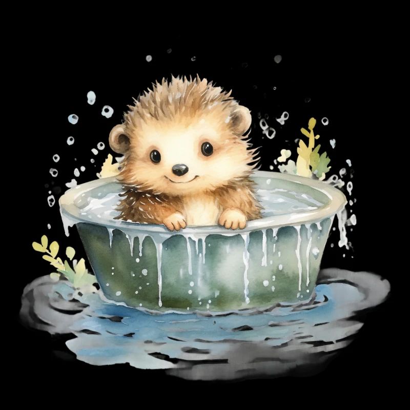 Bébé hérisson prend un bain, peint à la main - aquarelles