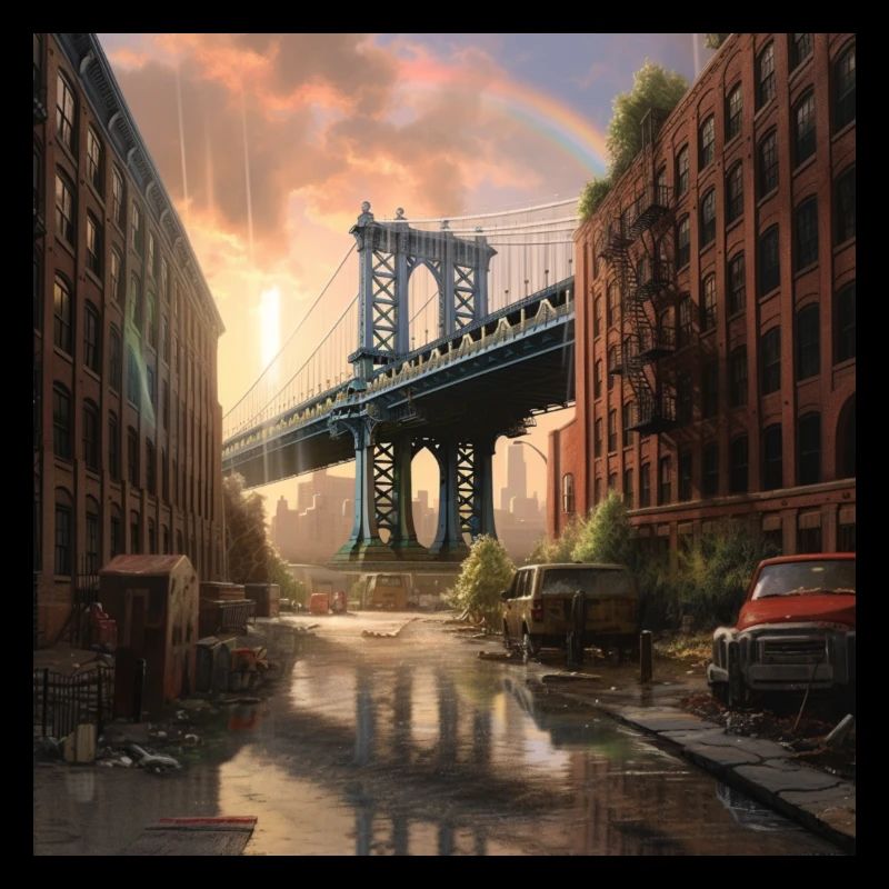 Brooklyn Bridge in rain at sunset
