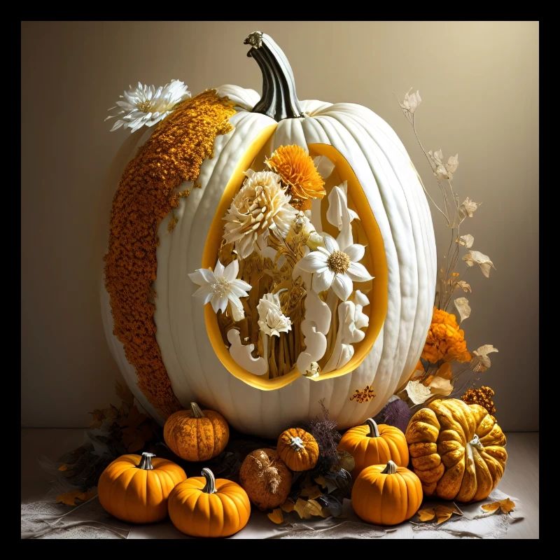Citrouille d’Halloween avec fleurs blanches
