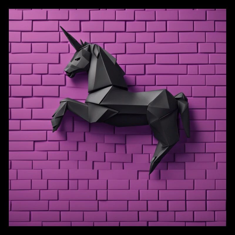 Licorne noire devant un mur violet