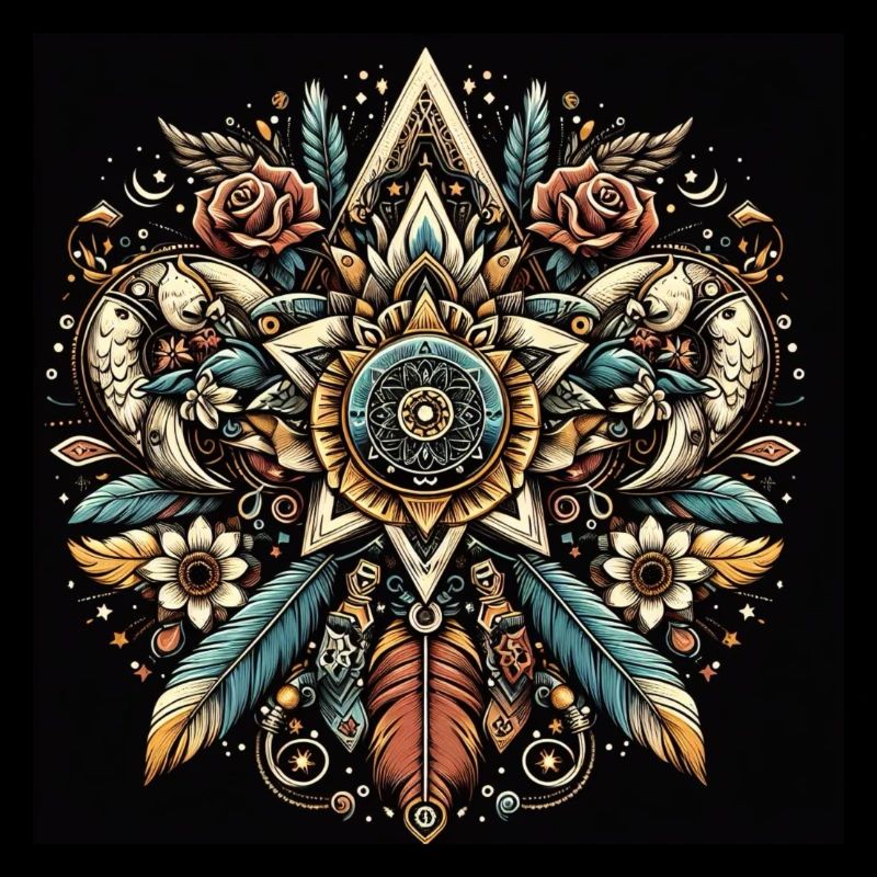 Mandala with flowers and feathers