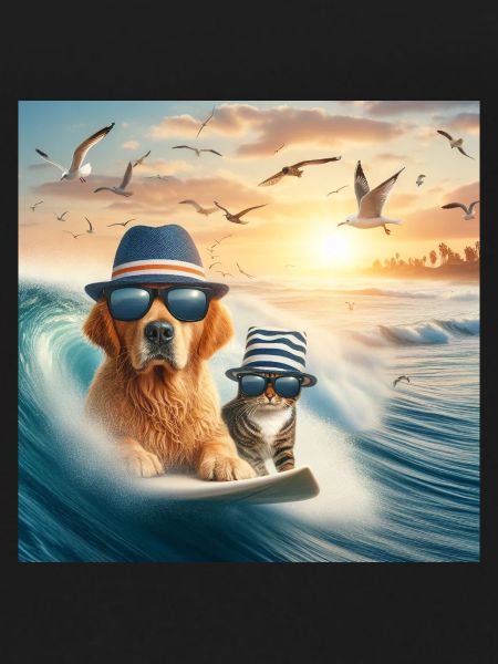chient et chat surfeur