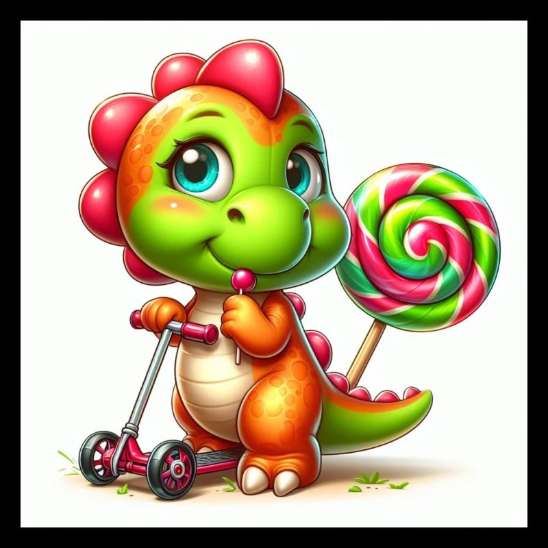 Dino mit Lolli und Lutscher auf Roller