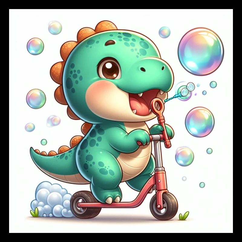 Dino mit Seifenblasen auf einem Roller