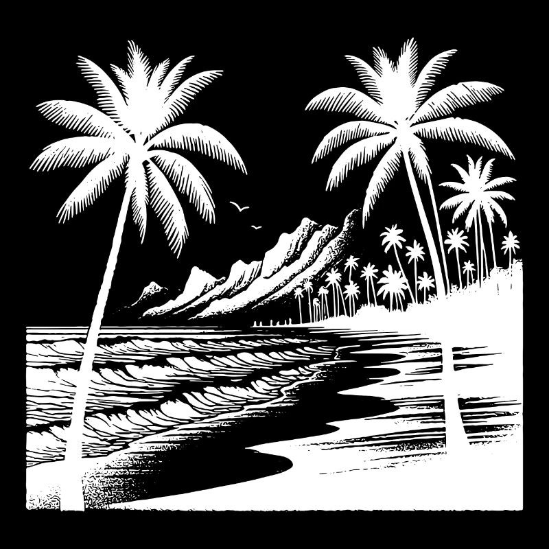 Côte volcanique avec palmiers, plage et mer