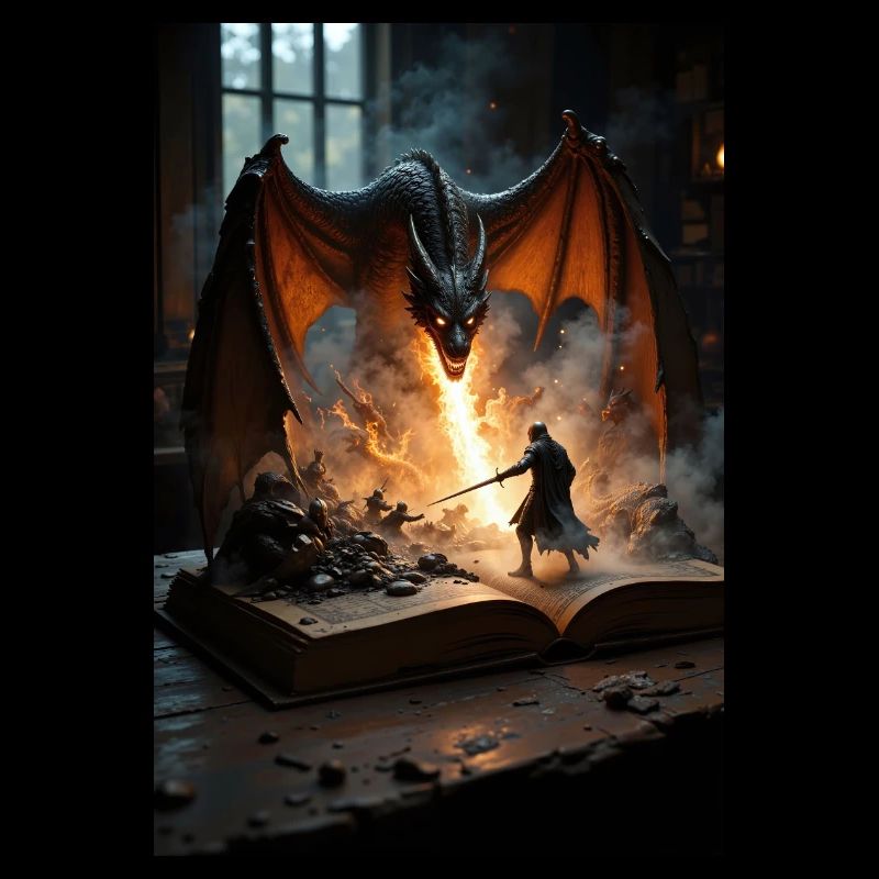 Ein Fantasy-Gemälde, ein Drache aus einem Buch.