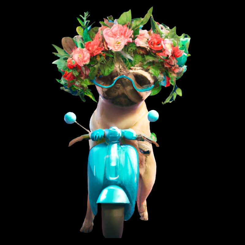E-scooter pug with flower wreath