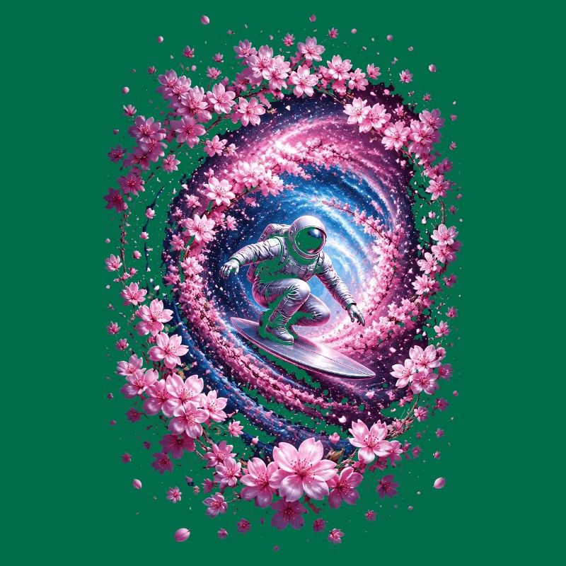Astronaute surf dans un vortex, fleurs de cerisier