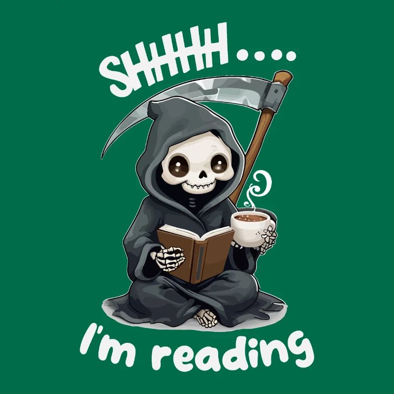 Grim Reaper Reading a Book with Coffee