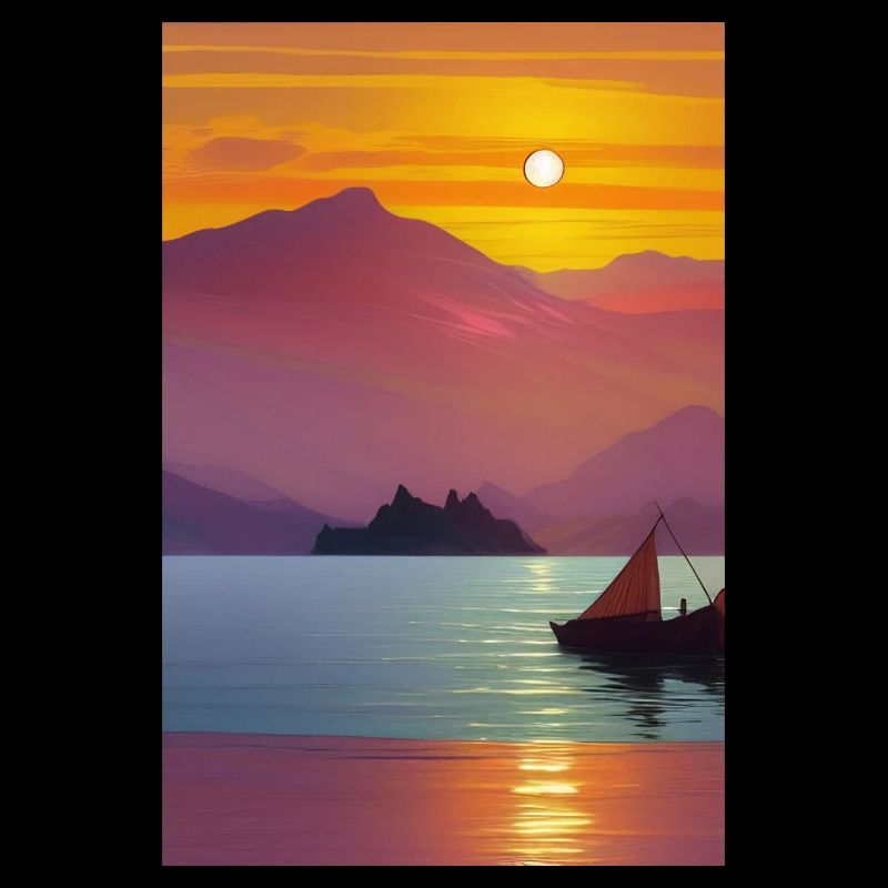 Landschaft mit See, Boot und Berge