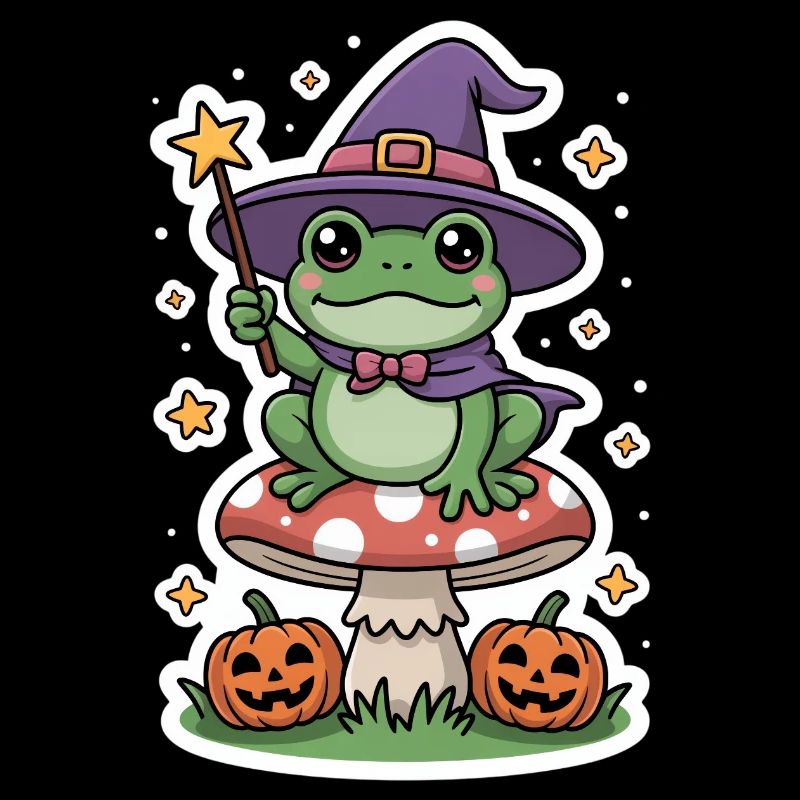 Halloween witch frog on fly agaric with pumpkin