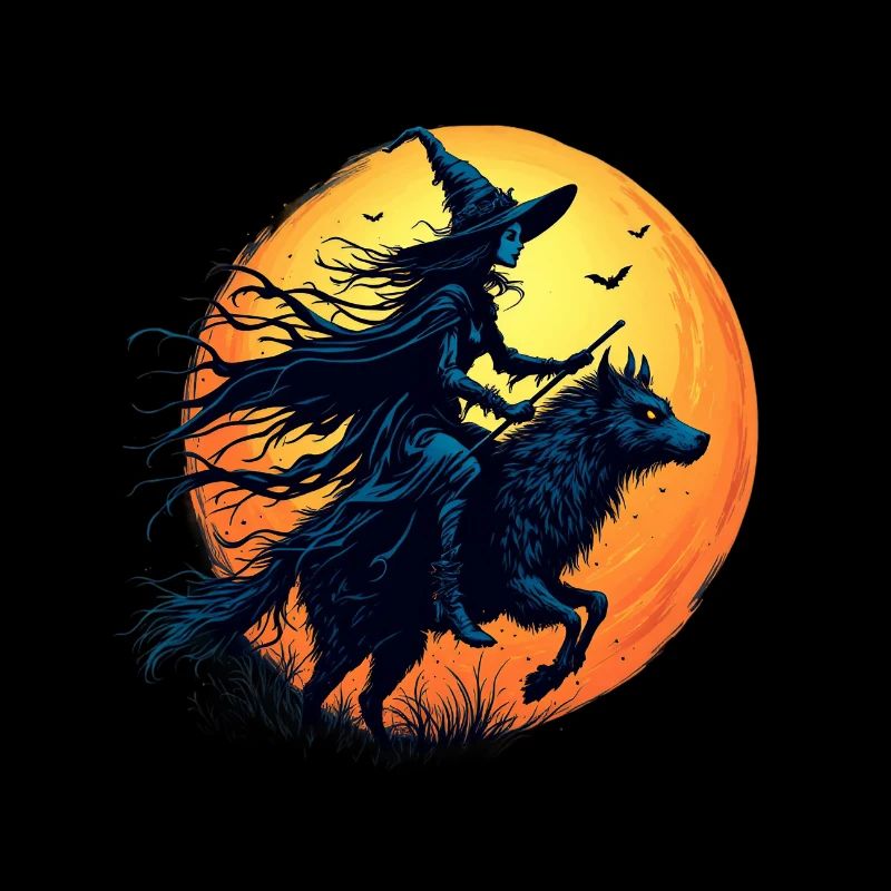 Halloween Witch Riding a Wolf Under Full Moon