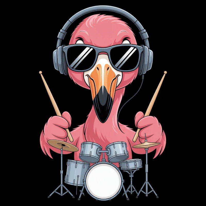 Flamingo Drummer With Headphones
