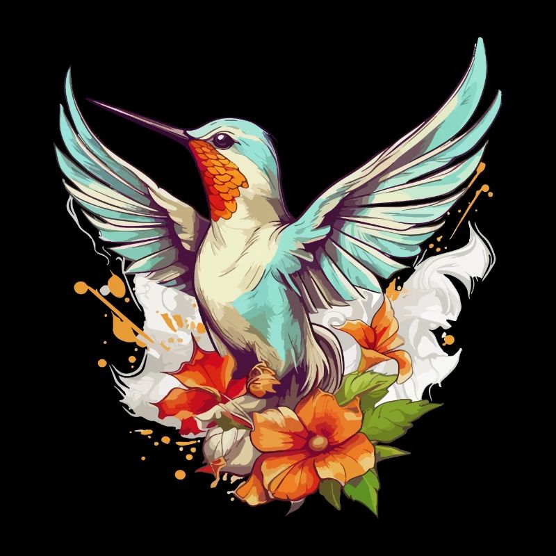 Kolibri Blumen Vogel Tier Kunst Aquarell Bunt