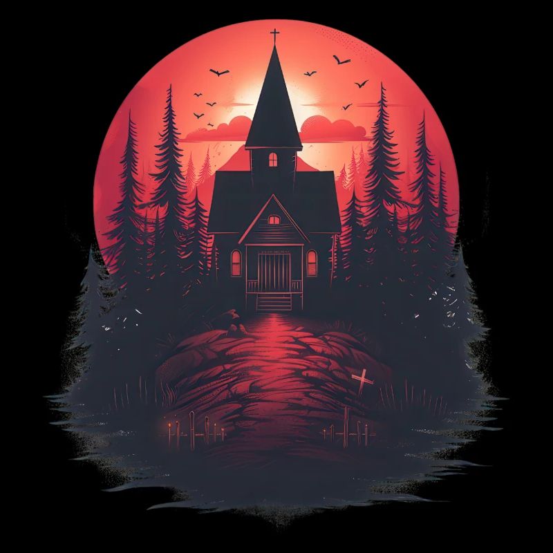 Église dans les bois au coucher du soleil