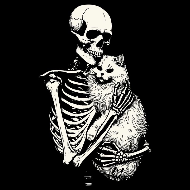 Skeleton hugging cat