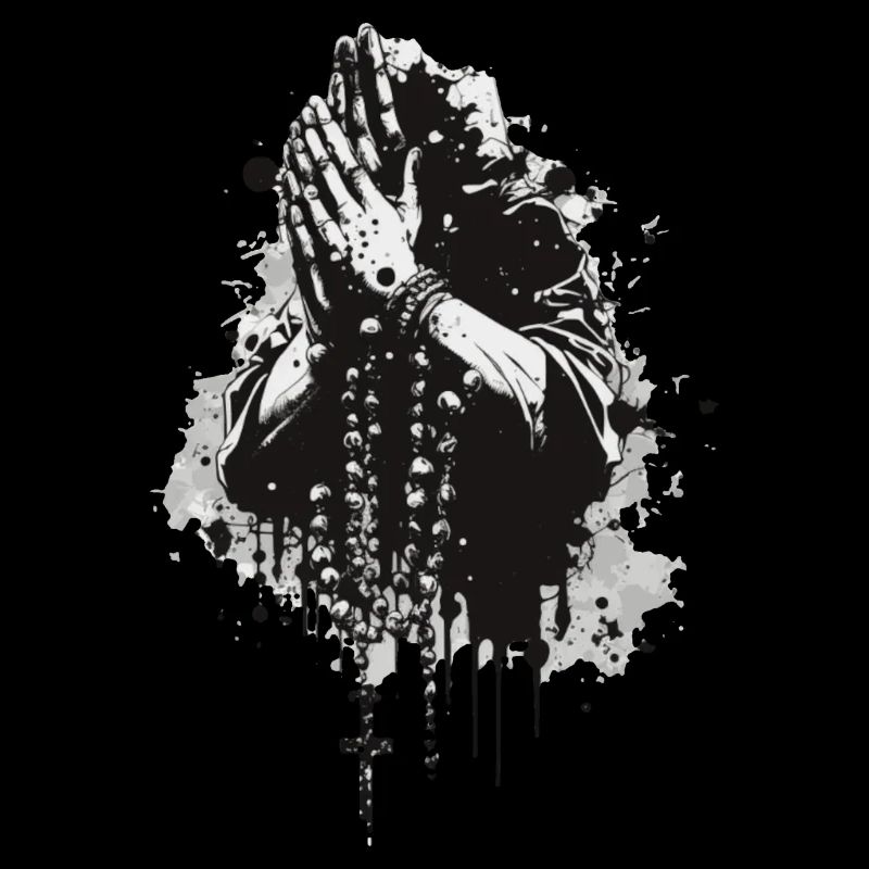 Praying Hands Rosary Black and White