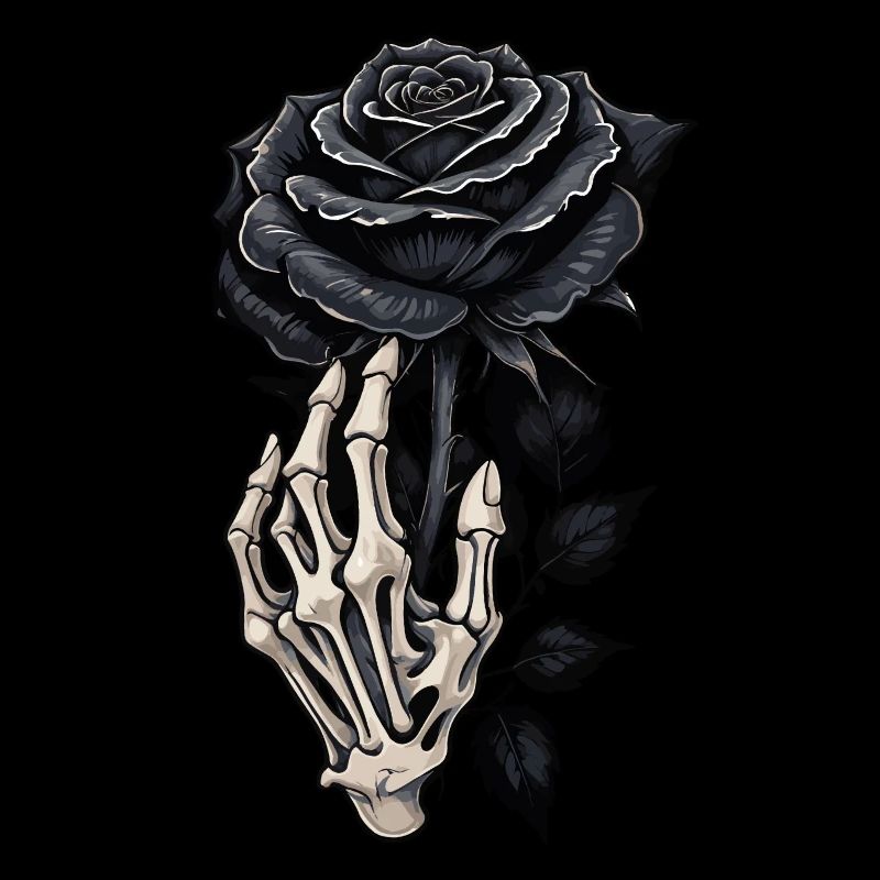 Rose noire et main de squelette gothique skull