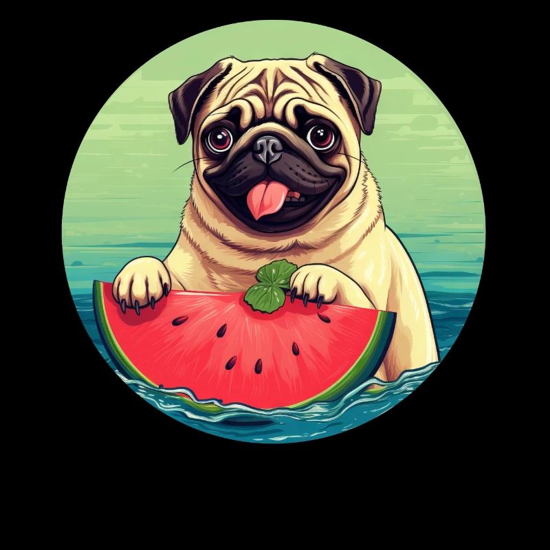 Pug with watermelon at sunset