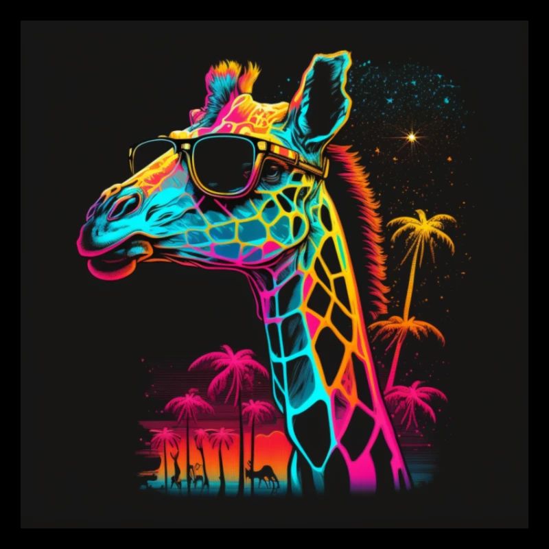 Giraffe with neon colors, synthwave / 80s