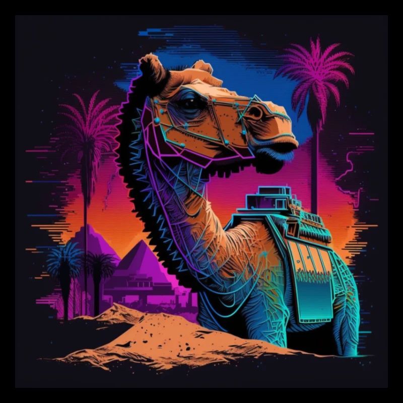 Camel with neon colors, synthwave / 80s
