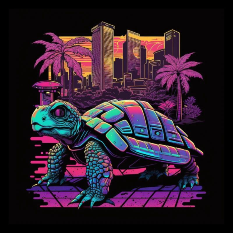Turtle with neon colors, synthwave / 80s