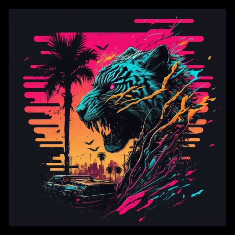 Tigre aux couleurs néon, synthwave / 80s