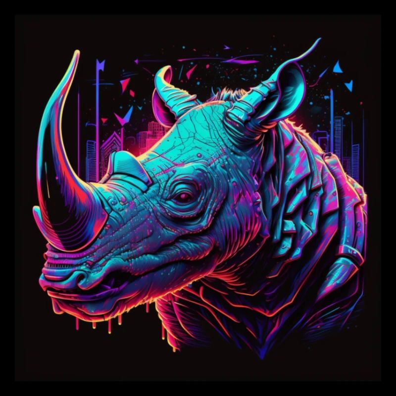 Rhinoceros with neon colors, synthwave / 80s