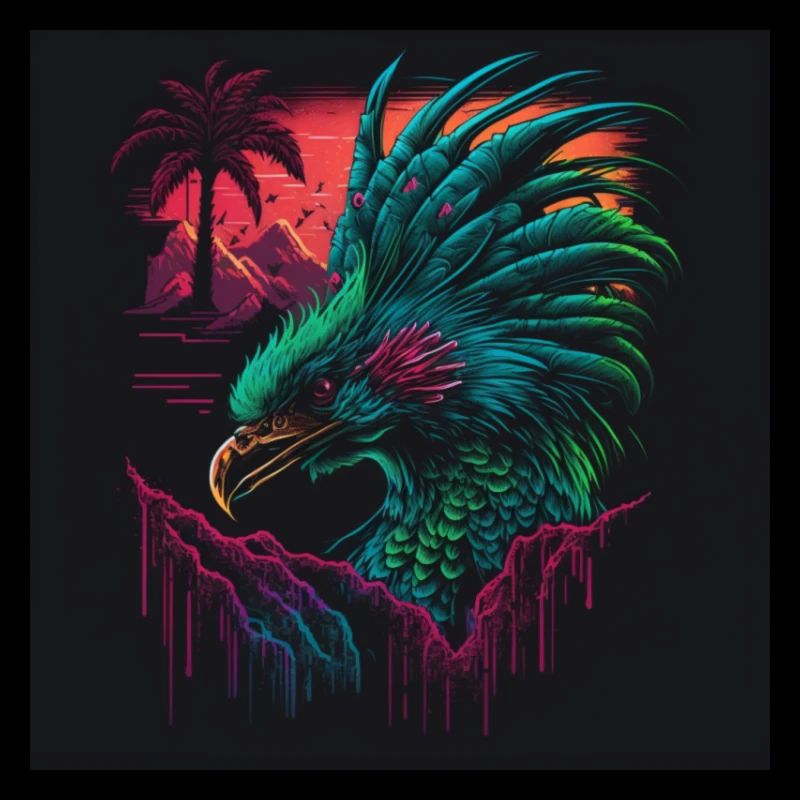 Peacock with neon colors, synthwave / 80s