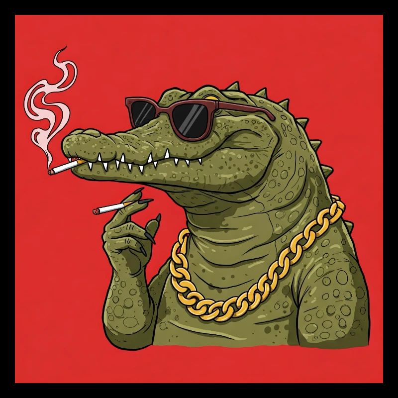 Smoking crocodile with gold chain and sunglasses