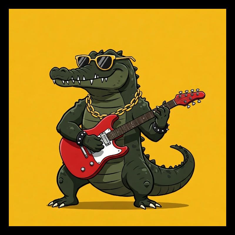 Cool crocodile with electric guitar and gold chain
