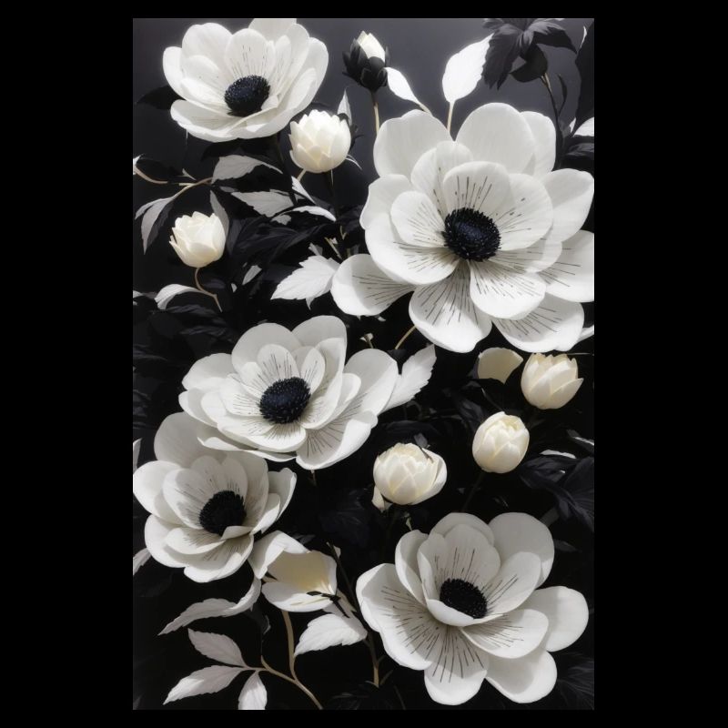 Fleurs blanches sur fond noir.