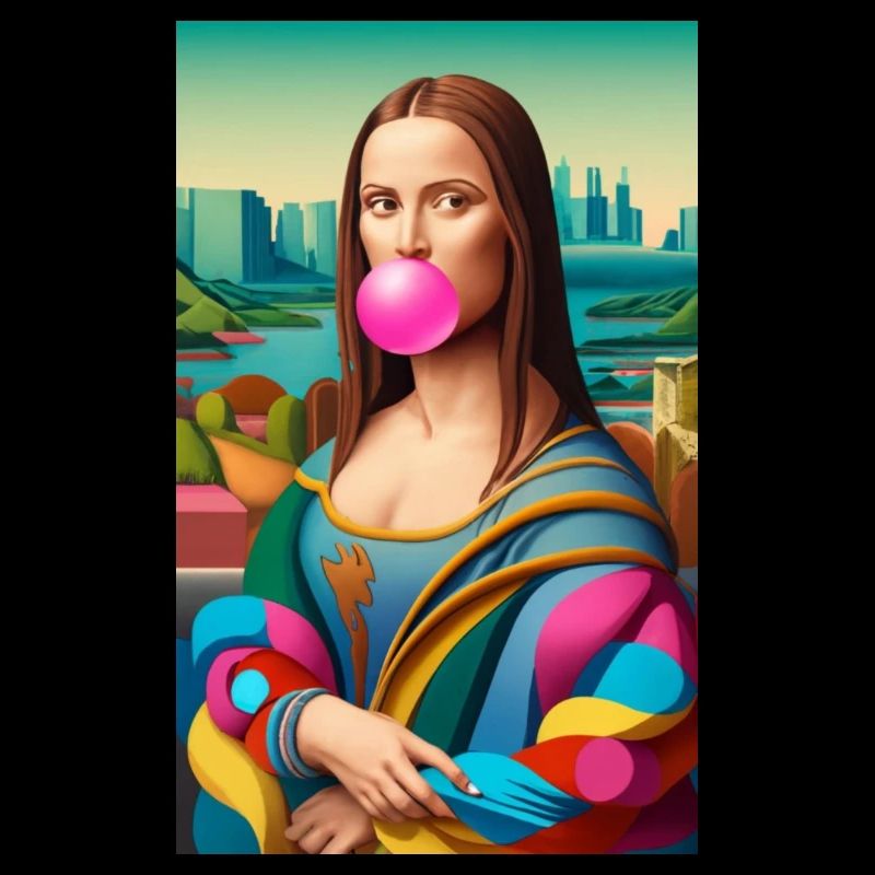 Mona lisa as a model 80s style with bubble gum