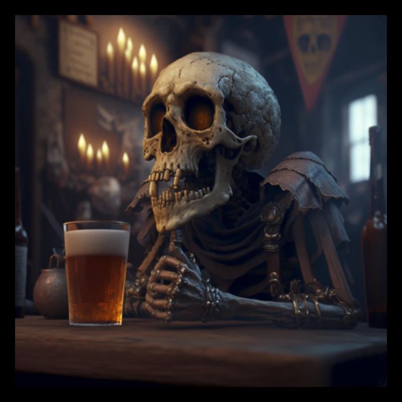 Skeleton drinks beer