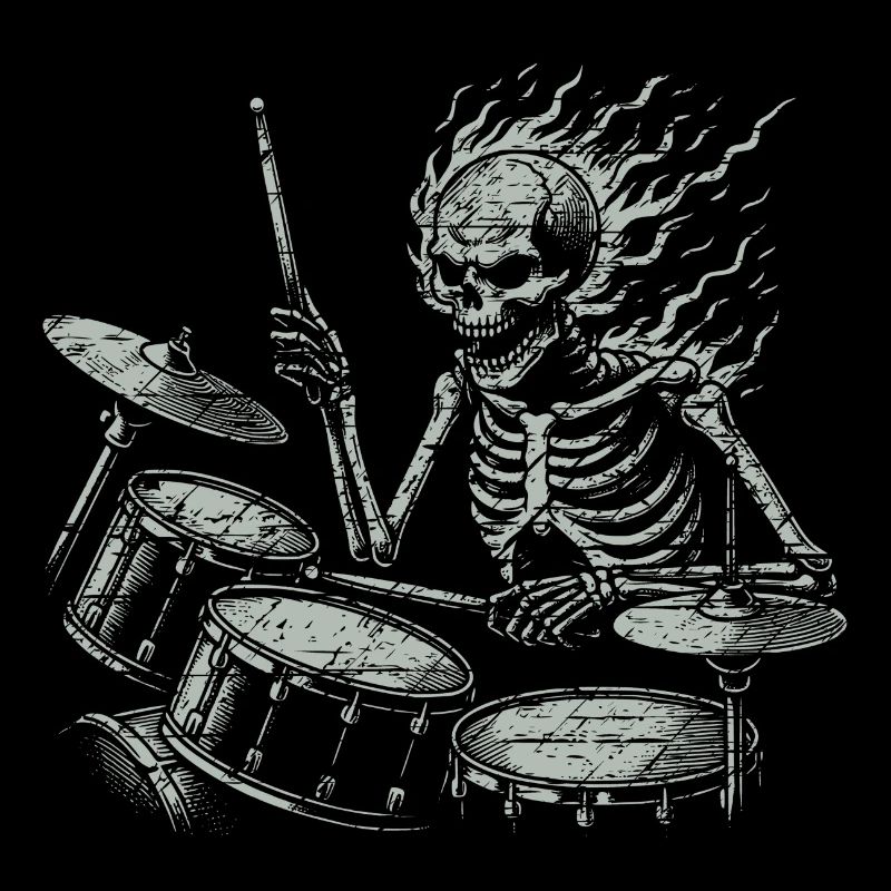 Drummer Skull skeleton on the drum set