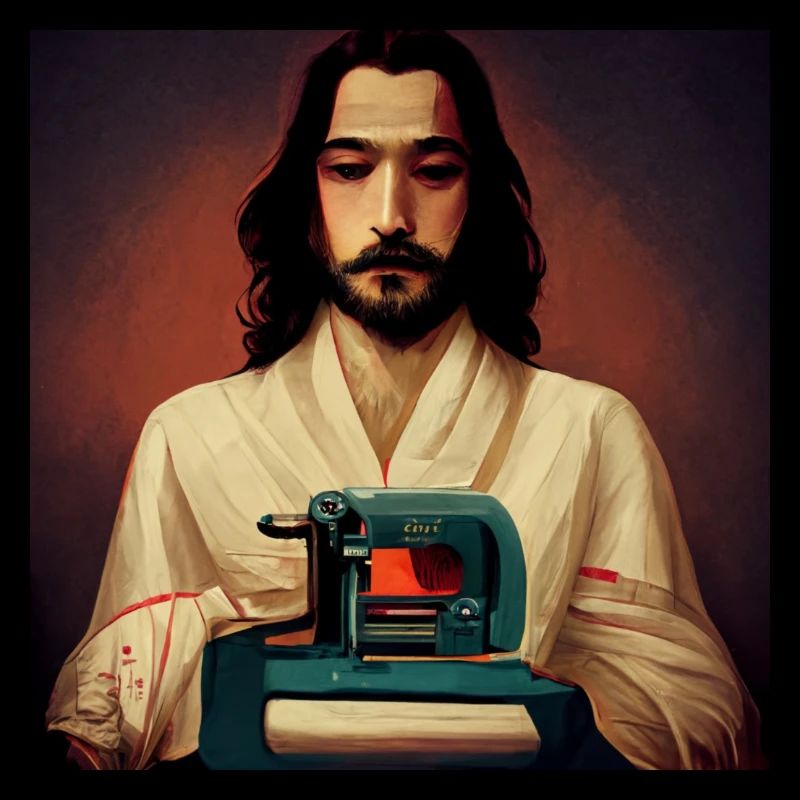 Jesus at the sewing machine