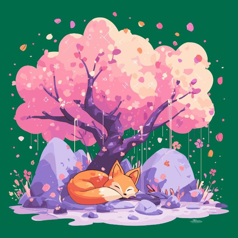 Sleeping fox under cherry tree
